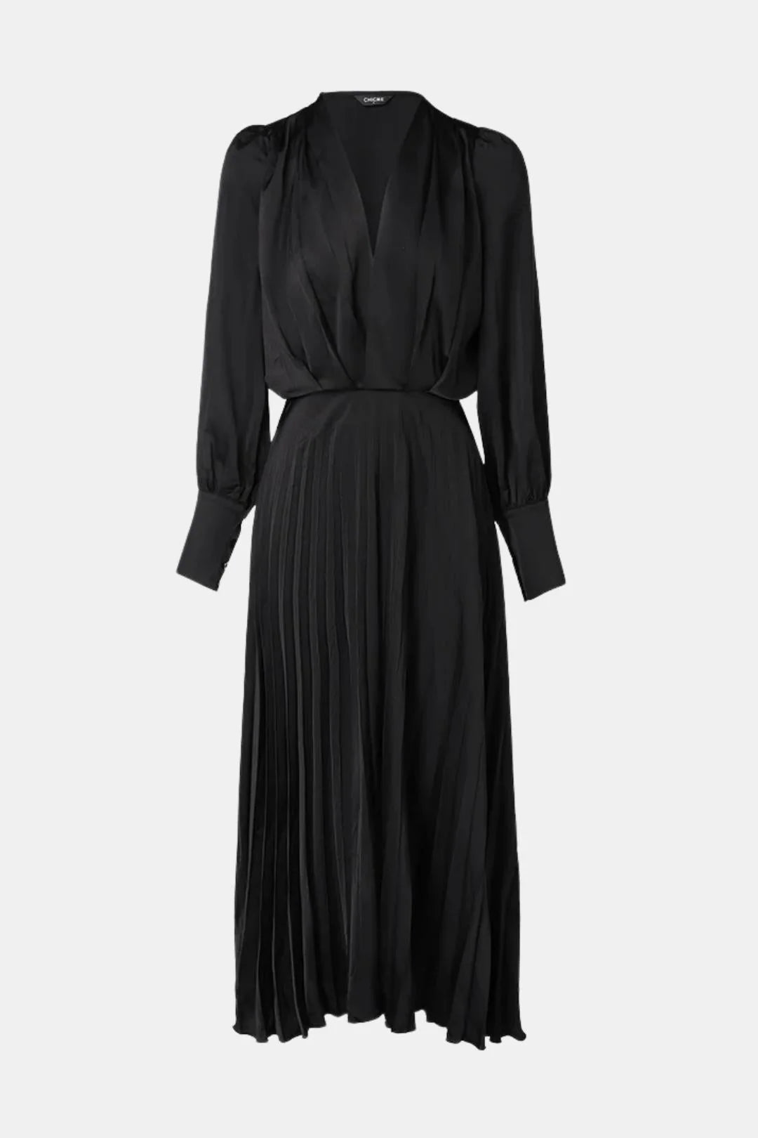 Dafne - Pleated V Neck Puff Sleeve Long Sleeve Long Dress