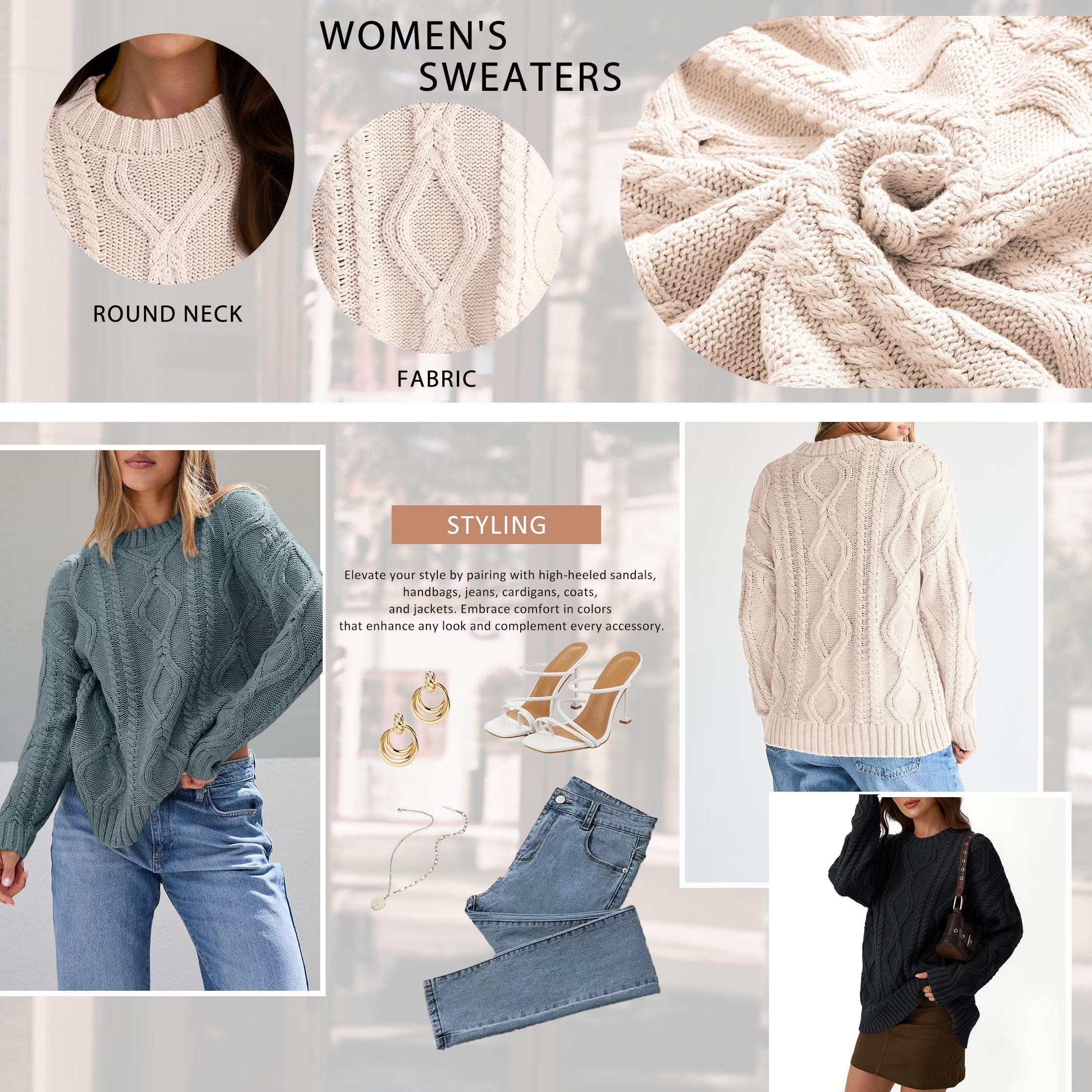 Oversized Sweaters for Women Cable Knit Crewneck Pullover Casual Long Sleeve Top Fall Womens Clothes