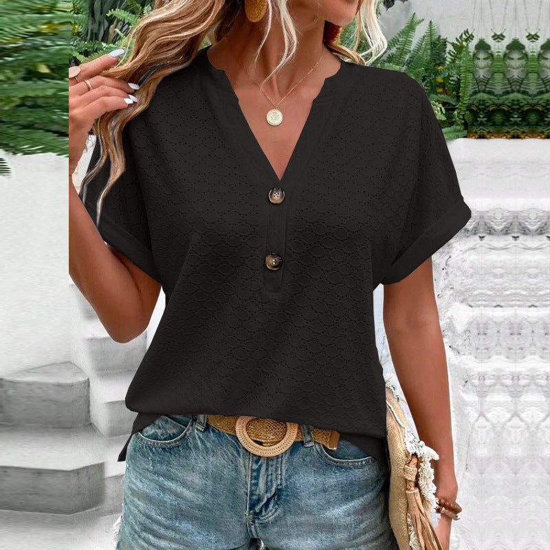 Women'S Casual V-Neck Blouse Short Sleeve Loose Fit Button Front Solid Color Top