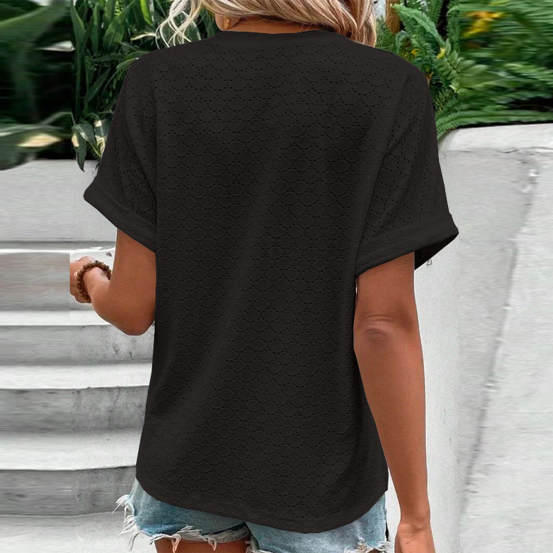 Women'S Casual V-Neck Blouse Short Sleeve Loose Fit Button Front Solid Color Top