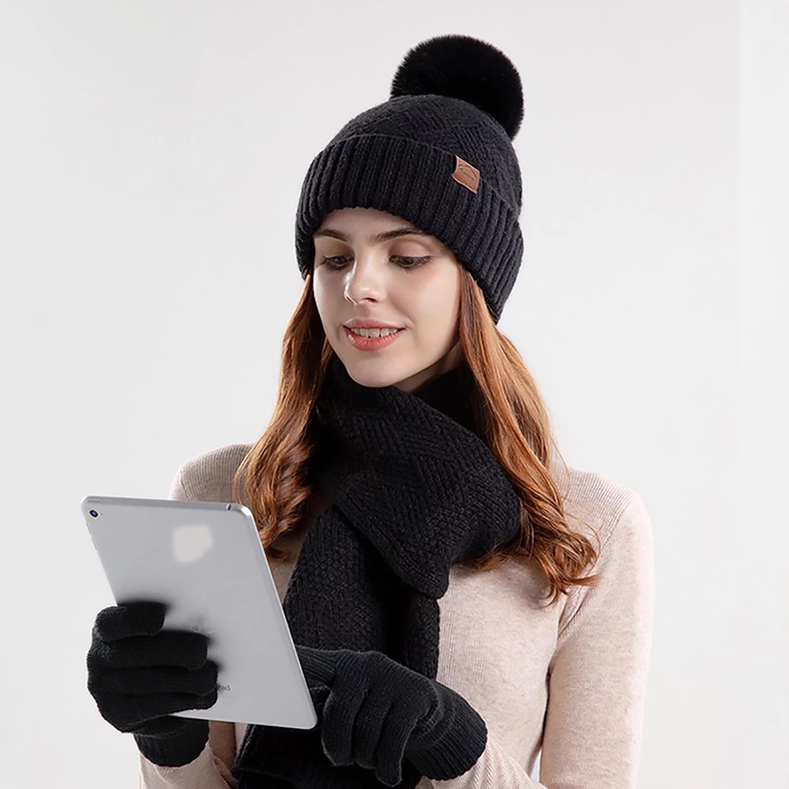 Hat Scarf and Gloves Set for Women,Winter Warm Scarfs,Gloves,Hat Combo for Women,Knitting Beanie Hat,Infinity Scarf,Touch Screen Lined Matching Gloves Set for Women