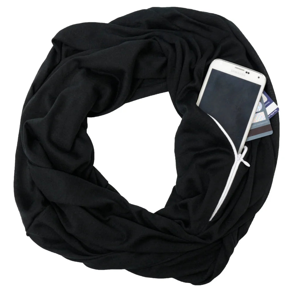 Women'S Scarf with Hidden Zipper Pocket Solid Color (Black)