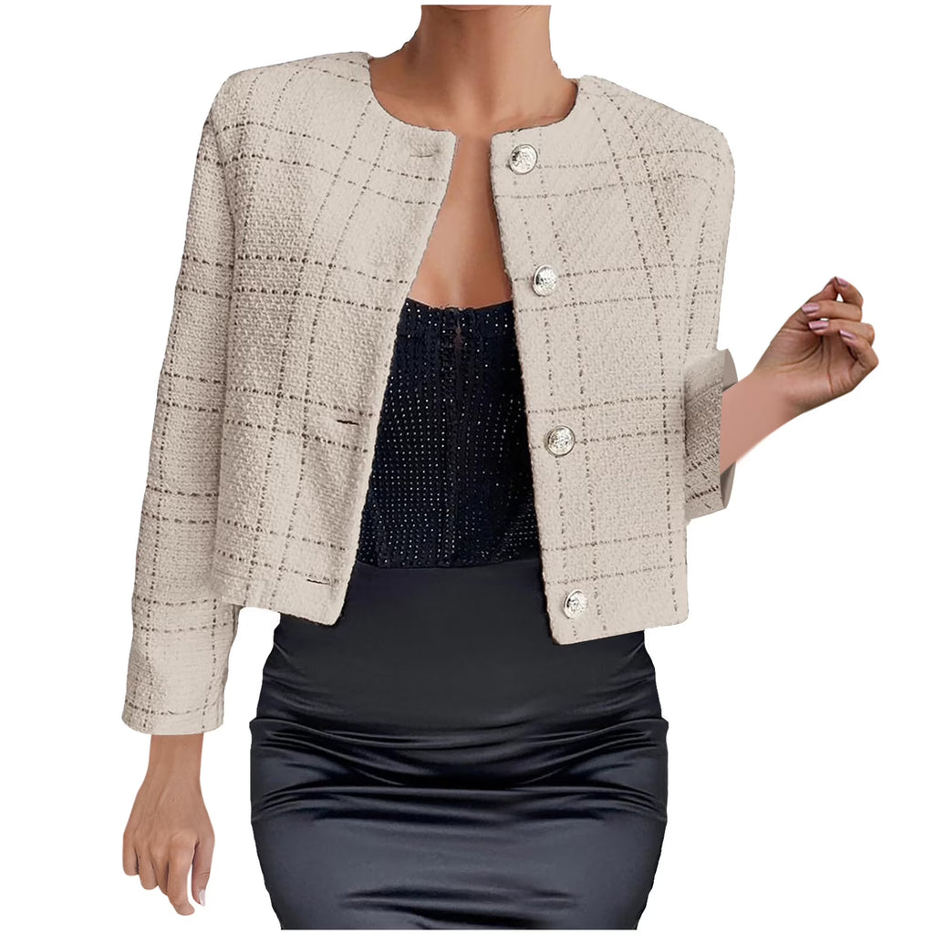 Clearance Women'S Plaid Tweed Jacket Cropped Open Front Coat round Neck Blazer Jackets Elegant Long Sleeve Coats Fashion Button down Cardigan Saving,Khaki,Large