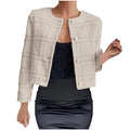 Clearance Women'S Plaid Tweed Jacket Cropped Open Front Coat round Neck Blazer Jackets Elegant Long Sleeve Coats Fashion Button down Cardigan Saving,Khaki,Large
