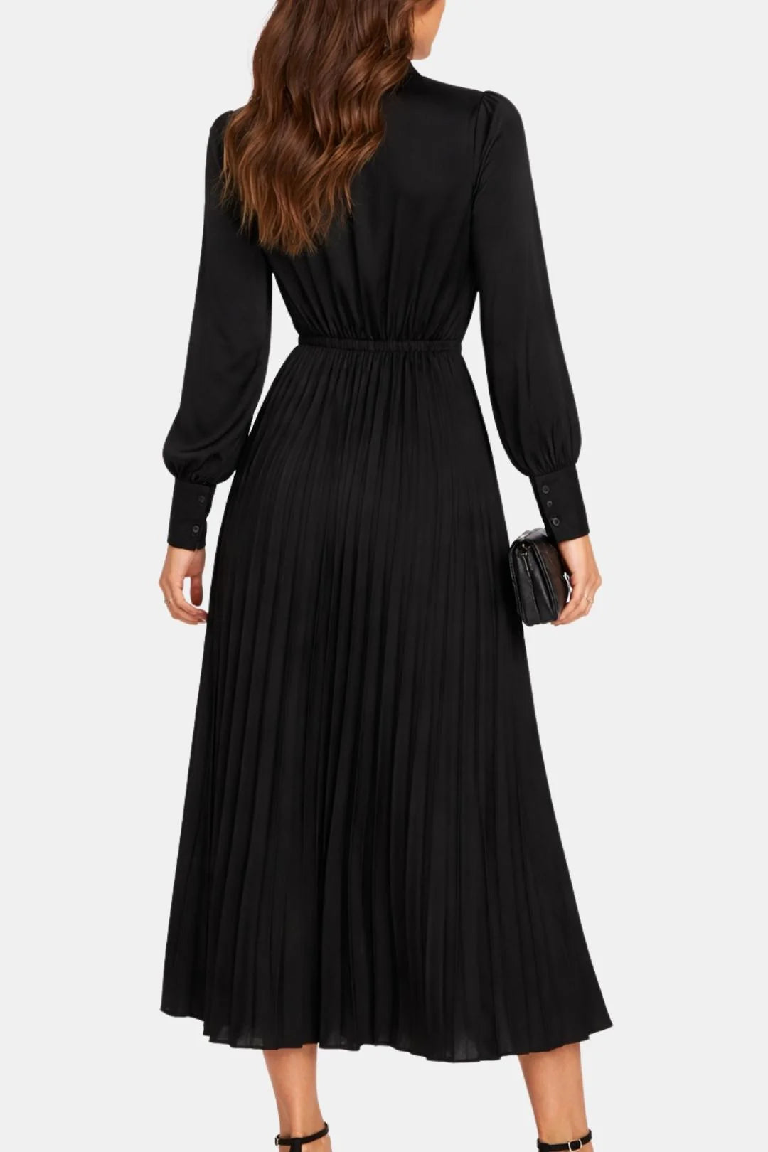 Dafne - Pleated V Neck Puff Sleeve Long Sleeve Long Dress