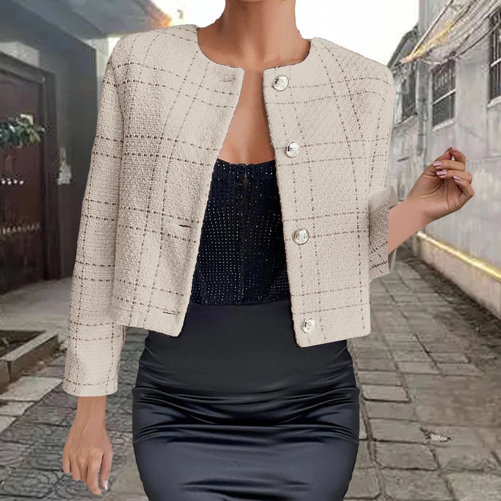 Clearance Women'S Plaid Tweed Jacket Cropped Open Front Coat round Neck Blazer Jackets Elegant Long Sleeve Coats Fashion Button down Cardigan Saving,Khaki,Large