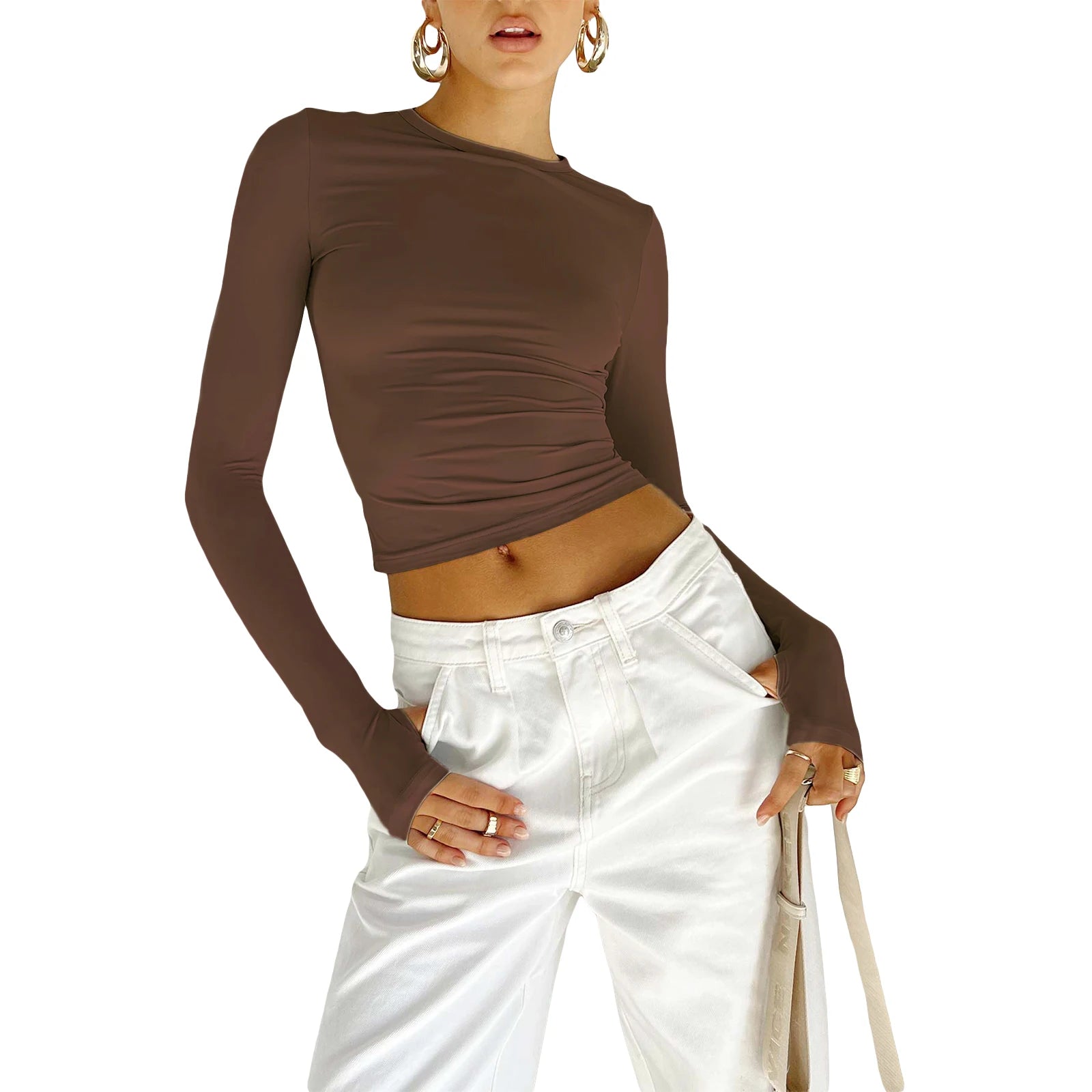 Fashion Women Basic T-Shirt with Thumb Holes Long Sleeve Crew Neck Solid Slim Fit Basic Crop Top Streetwear