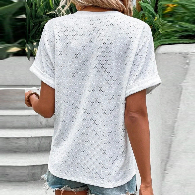 Women'S Casual V-Neck Blouse Short Sleeve Loose Fit Button Front Solid Color Top