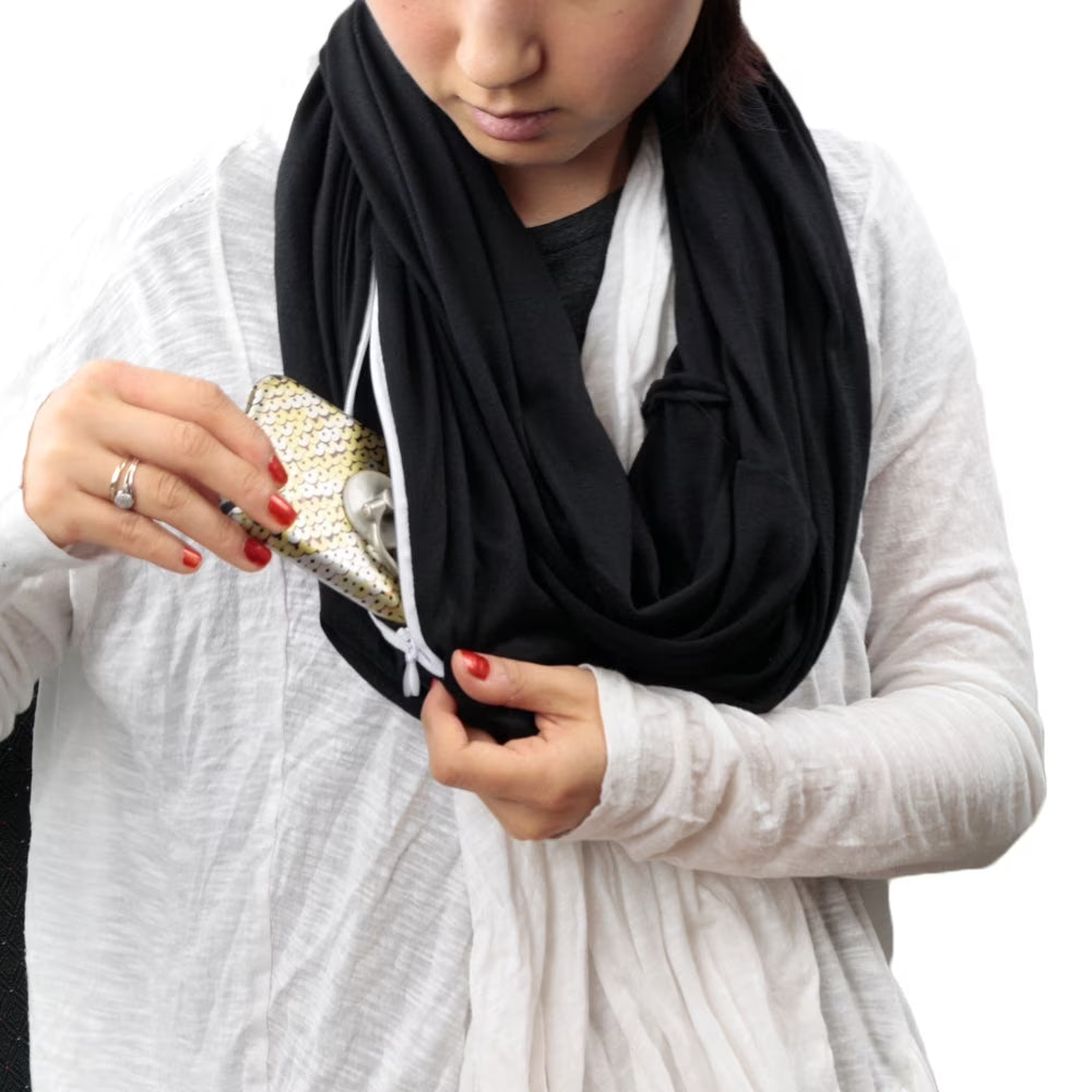 Women'S Scarf with Hidden Zipper Pocket Solid Color (Black)