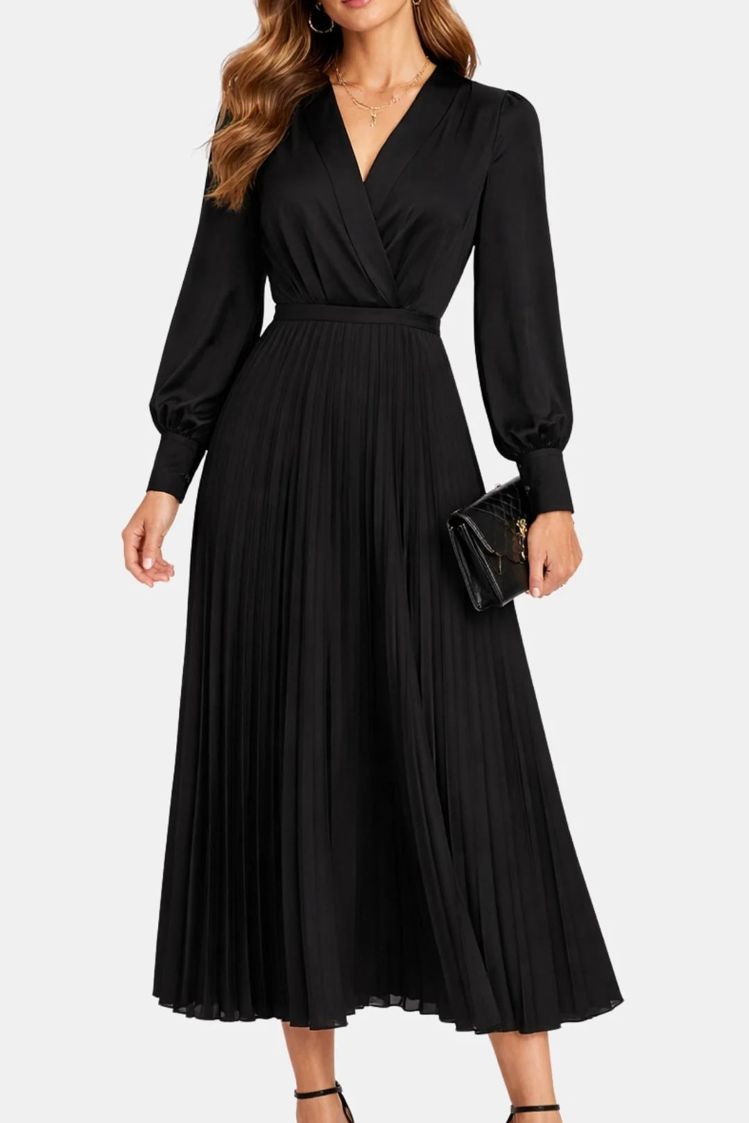Dafne - Pleated V Neck Puff Sleeve Long Sleeve Long Dress
