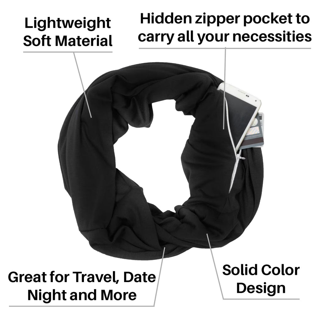 Women'S Scarf with Hidden Zipper Pocket Solid Color (Black)
