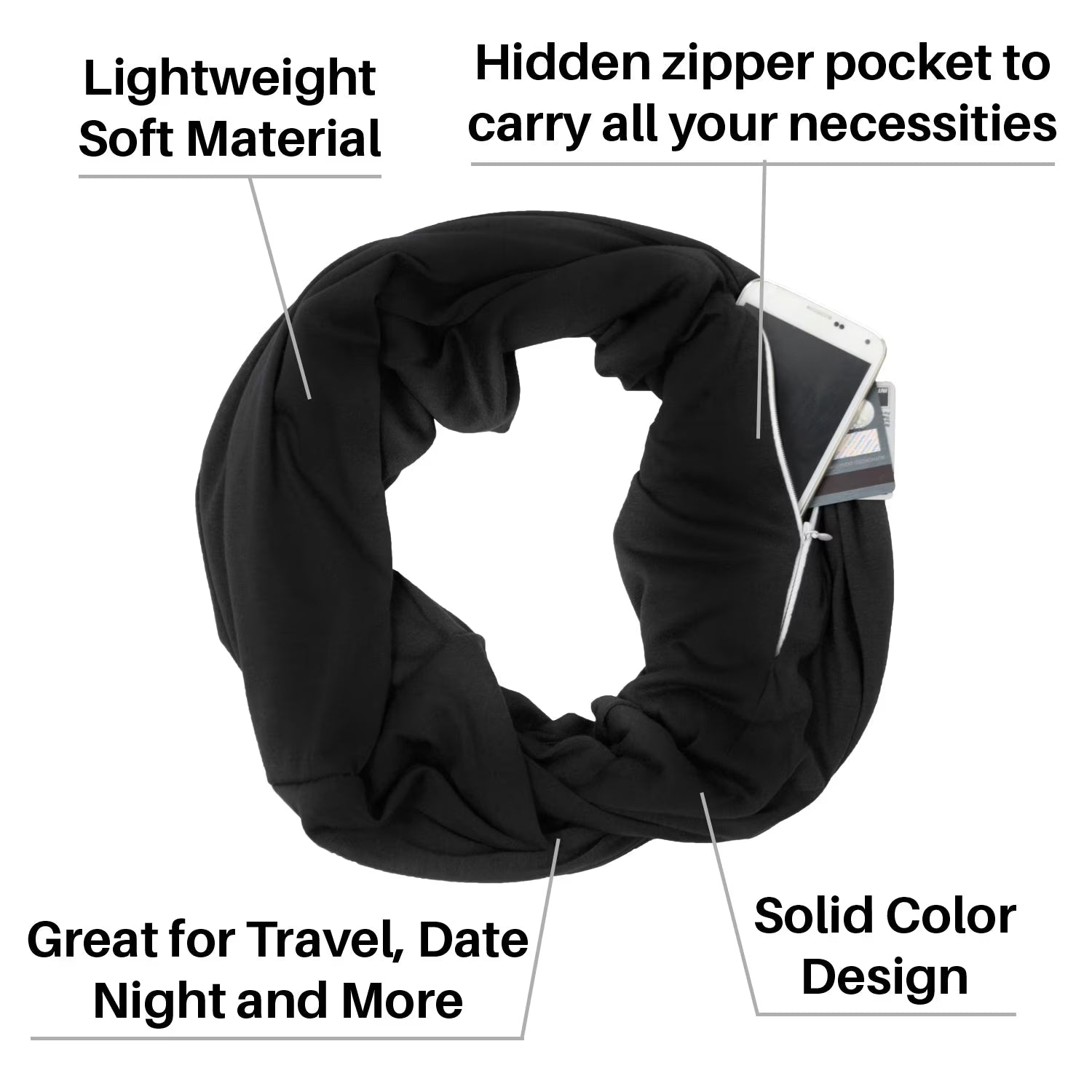 Women'S Scarf with Hidden Zipper Pocket Solid Color (Black)