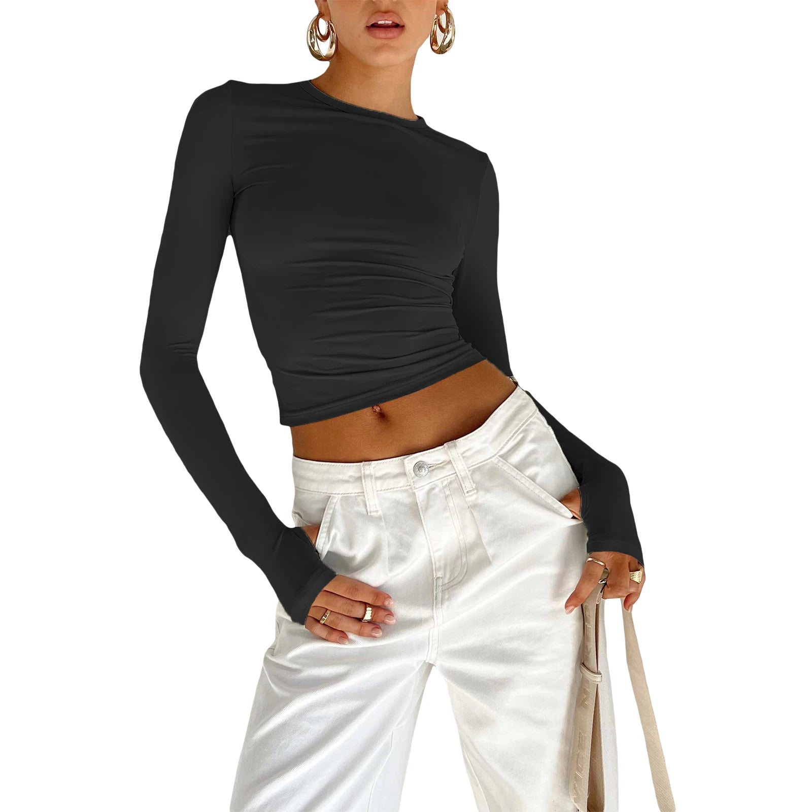 Fashion Women Basic T-Shirt with Thumb Holes Long Sleeve Crew Neck Solid Slim Fit Basic Crop Top Streetwear