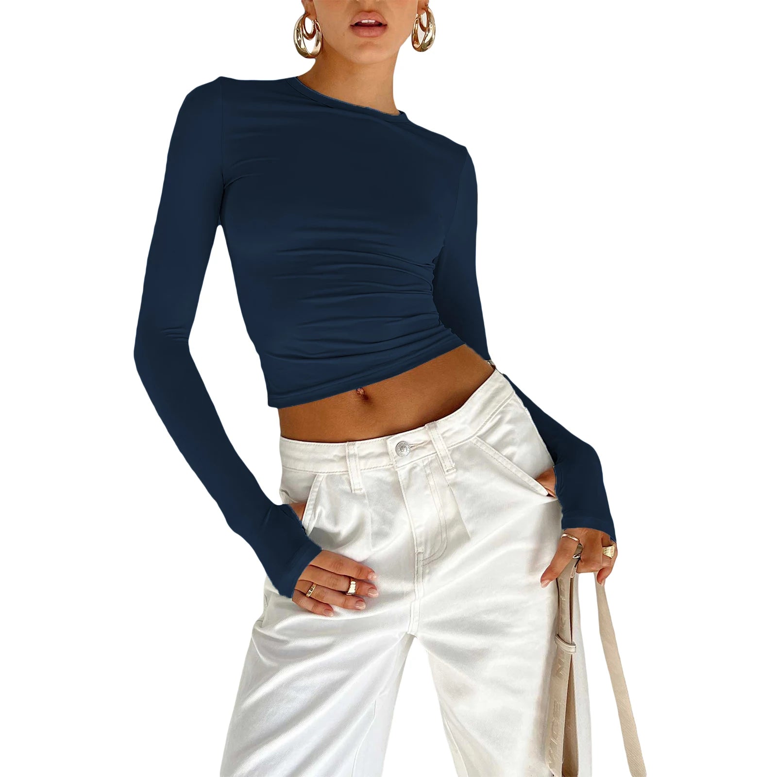 Fashion Women Basic T-Shirt with Thumb Holes Long Sleeve Crew Neck Solid Slim Fit Basic Crop Top Streetwear