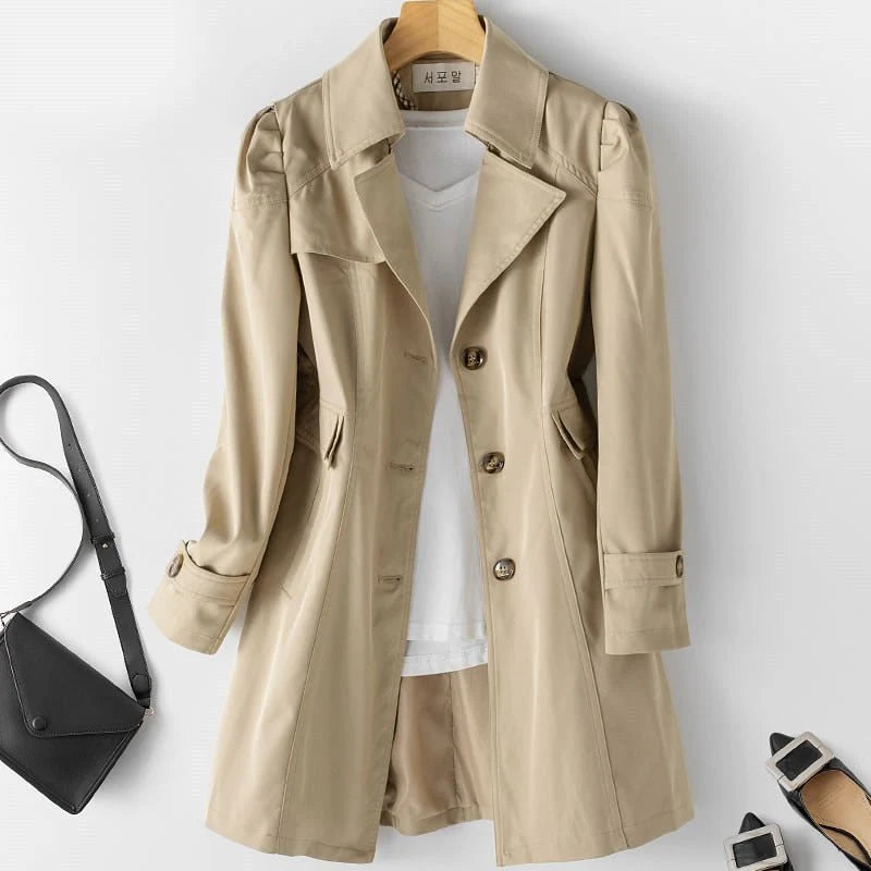 Women’S Long Trench Coat with Single Button Row